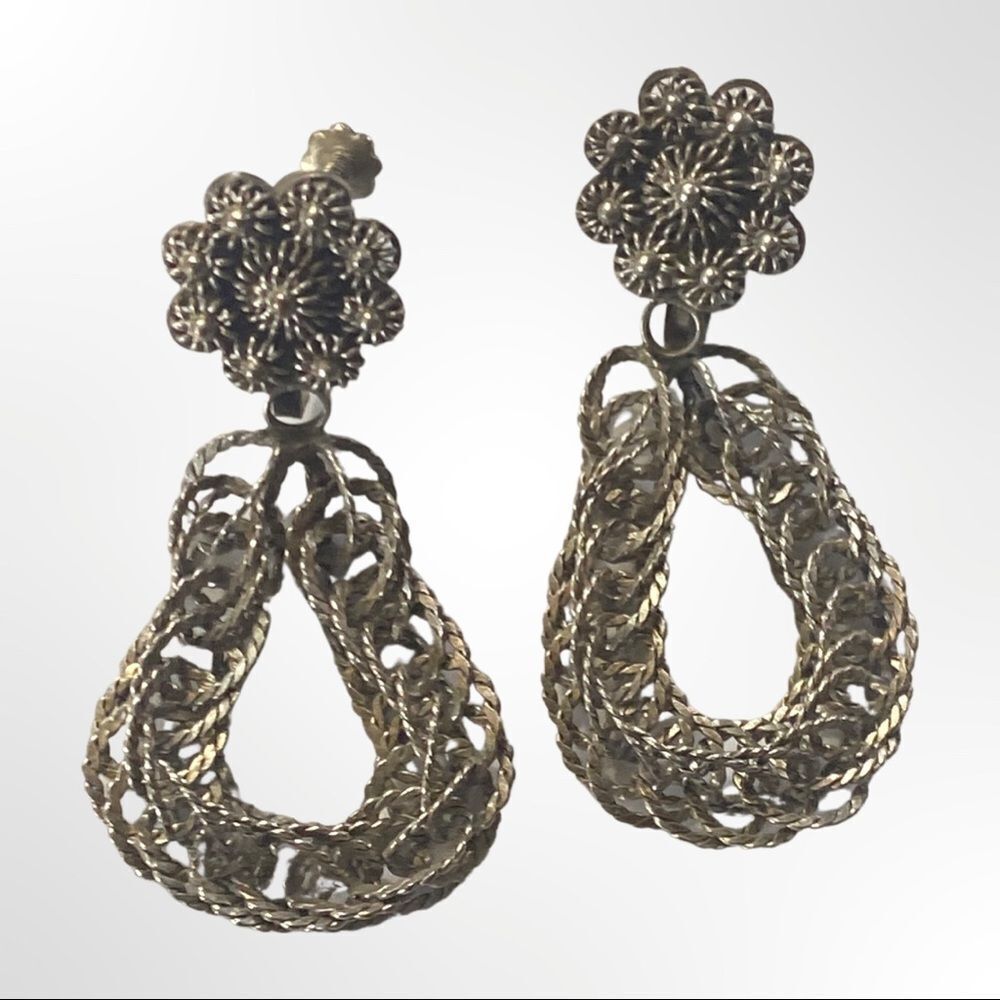 Alpaca Silver Filigree Flower Earrings with Hoop Drops